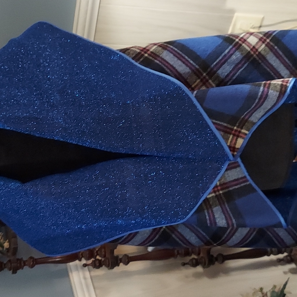 Beautiful Sparkly Blue & Plaid Flannel Reversible Vest Coat Cape Super Cozy OSFM